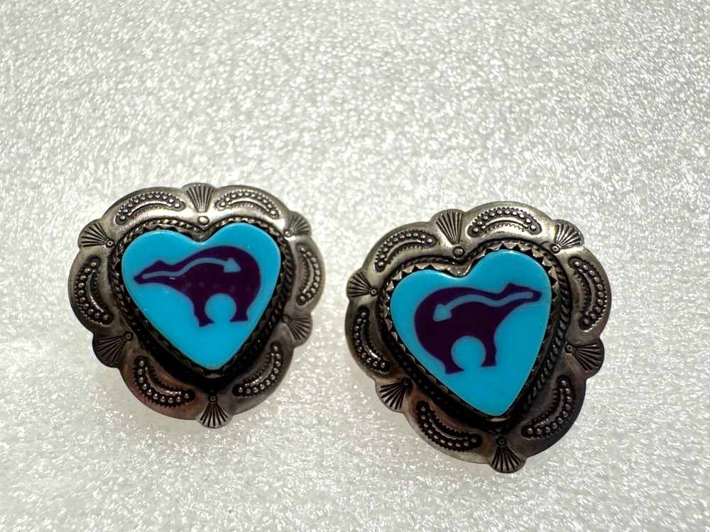 Sterling Silver Turquoise Bear Heart Earrings Native American Signed QT Navajo